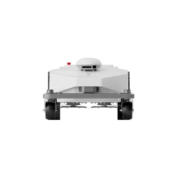 Front view of FJD FRX commercial robotic mower with RTK and vision navigation