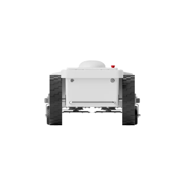 Rear view of FJD FRX robotic lawn mower showing drive wheels and chassis