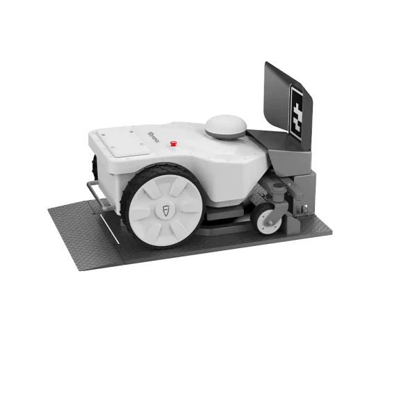 Reverse side view of FRX mower docking in charging station