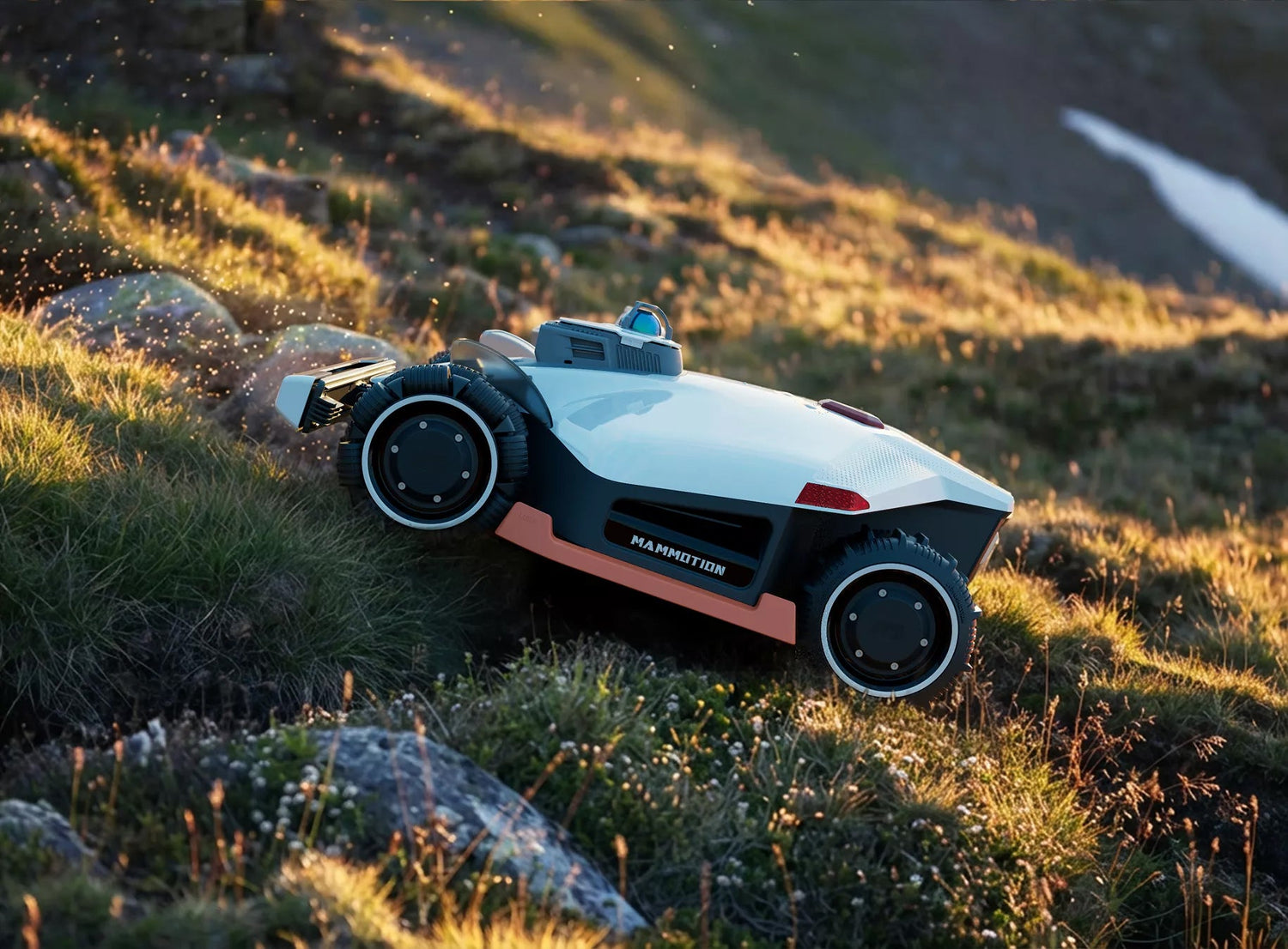 Mammotion LUBA 3 AWD robot lawn mower climbing and mowing tough terrain at sunset