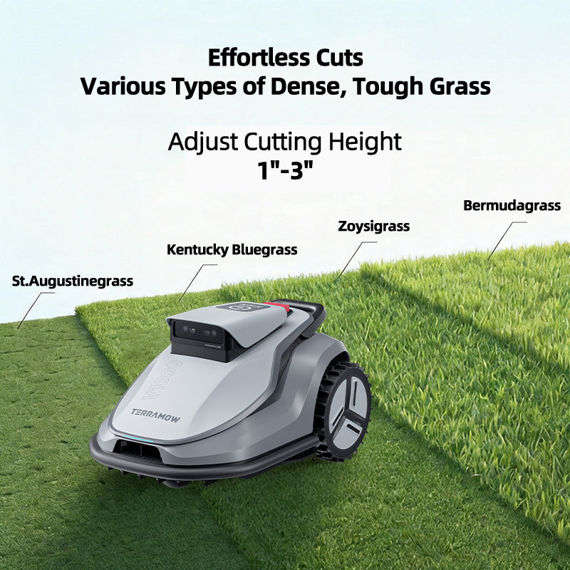 TerraMow V1000 robotic mower mowing a suburban Australian lawn