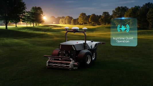 FJ Dynamics RCM01 Robotic Cylinder Mower mowing a golf course at night – quiet night-time operation