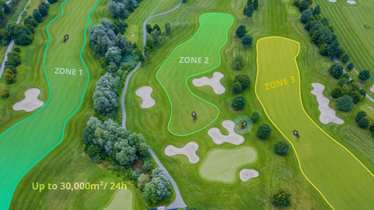 FJ Dynamics RCM01 – aerial view of multi-zone autonomous mowing, up to 30,000m² in 24 hours