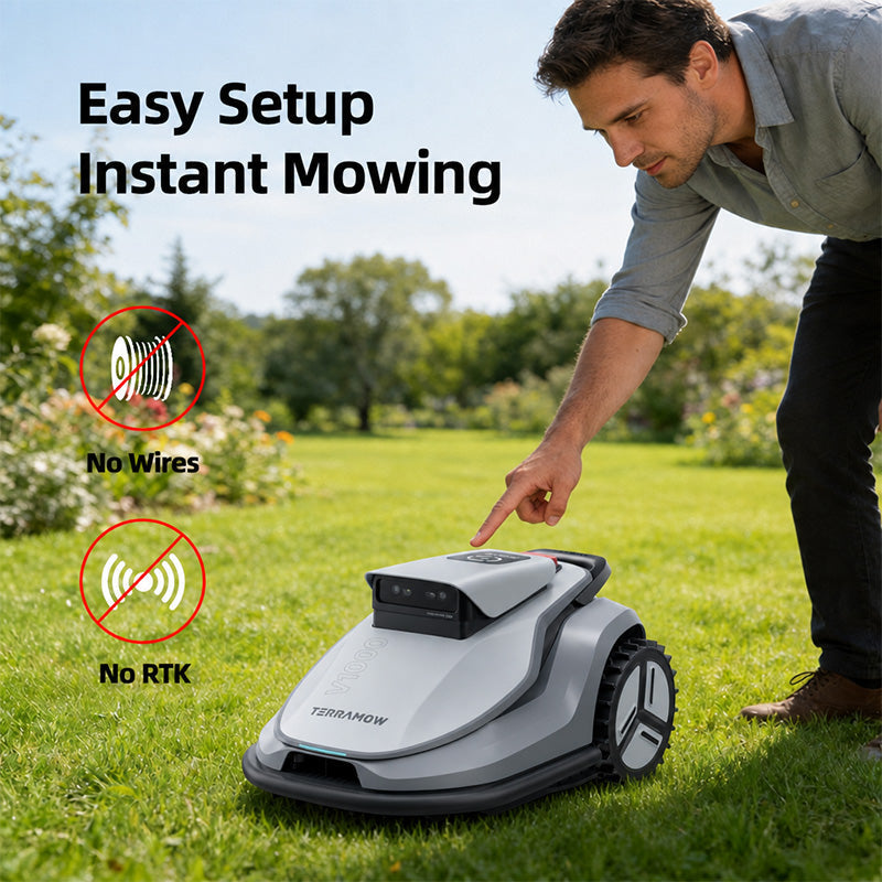 TerraMow V1000 robot mower handling slopes up to 18 degrees