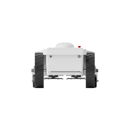 Rear view of FJD FRX robotic lawn mower showing drive wheels and chassis