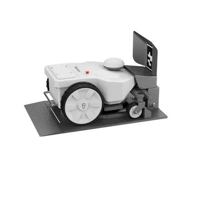 Reverse side view of FRX mower docking in charging station