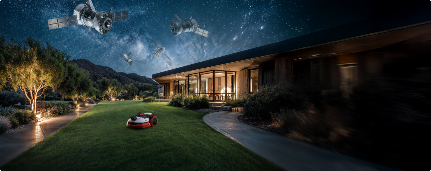 Kress EyePilot robotic mower mowing a lawn at night beside a modern home, with RTKn satellites in a starry sky