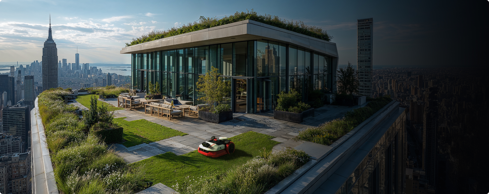 Kress EyePilot robotic mower mowing a green rooftop garden overlooking a city skyline