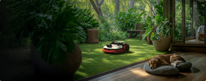 Kress EyePilot robotic mower mowing a lush garden lawn beside a sleeping dog – quiet, pet-friendly operation