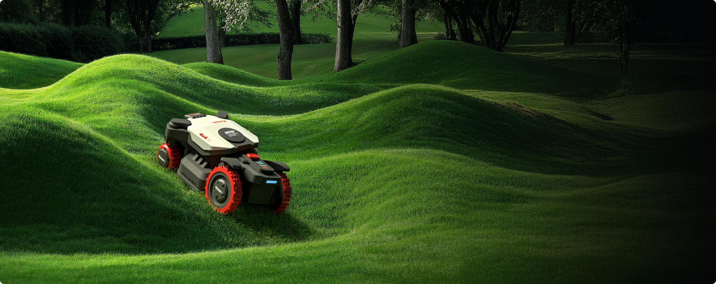 Kress EyePilot 4×4 robotic mower mowing an undulating, sloped green lawn surrounded by trees