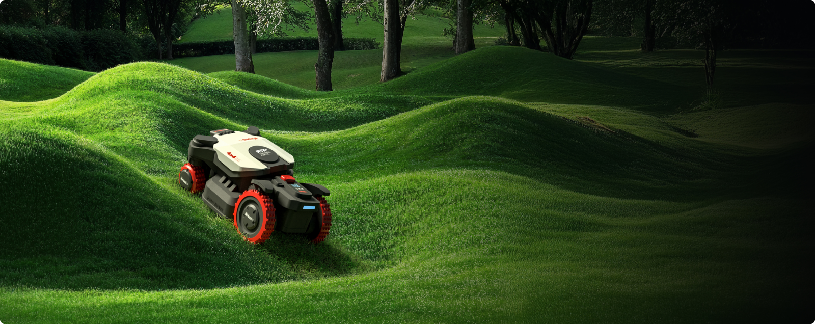 Kress EyePilot 4×4 robotic mower mowing an undulating, sloped green lawn surrounded by trees