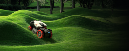 Kress EyePilot 4×4 robotic mower mowing an undulating, sloped green lawn surrounded by trees