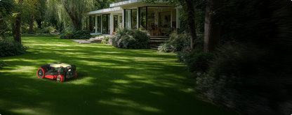 Kress EyePilot 4×4 robotic mower on a manicured lawn beside a modern home and landscaped garden