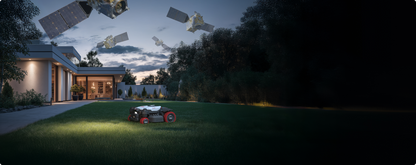 Kress EyePilot 4×4 robotic mower mowing at dusk with RTKn satellites overhead – wire-free satellite navigation