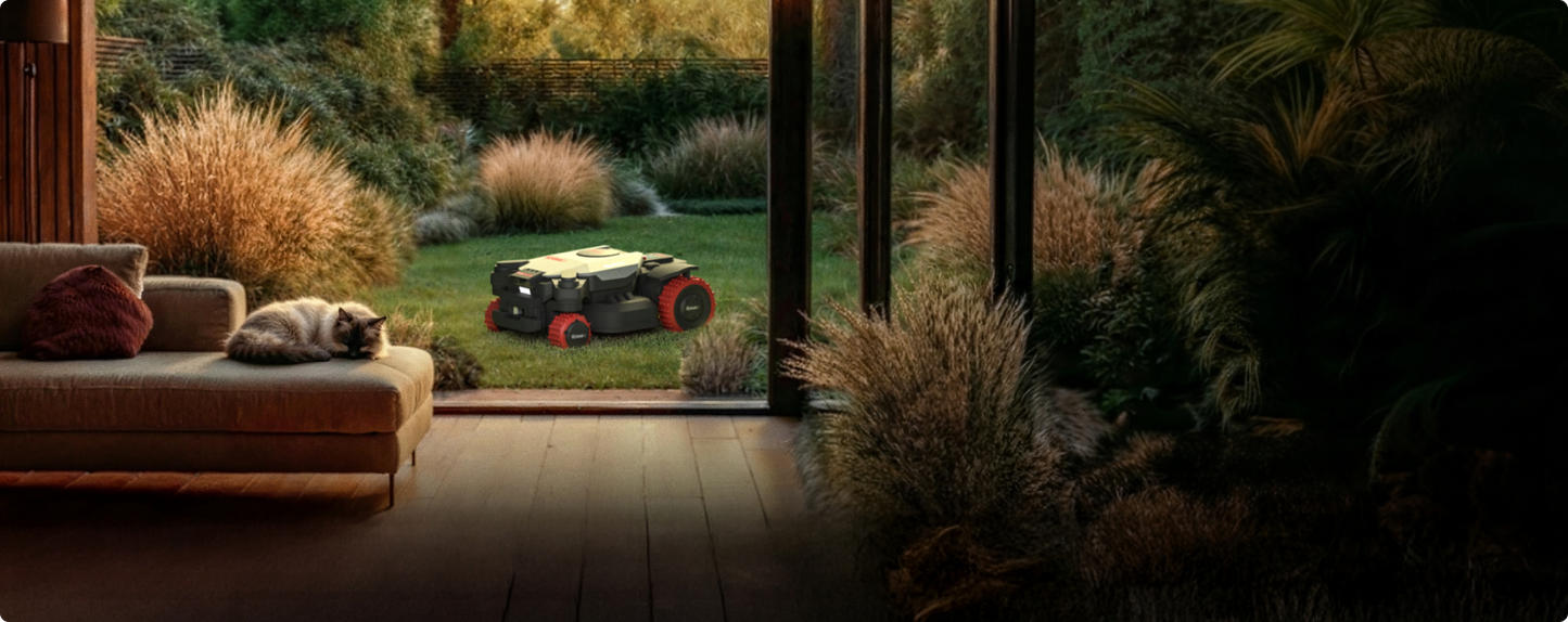 Kress EyePilot 4×4 robotic mower mowing a garden lawn at dusk, seen from indoors through a window