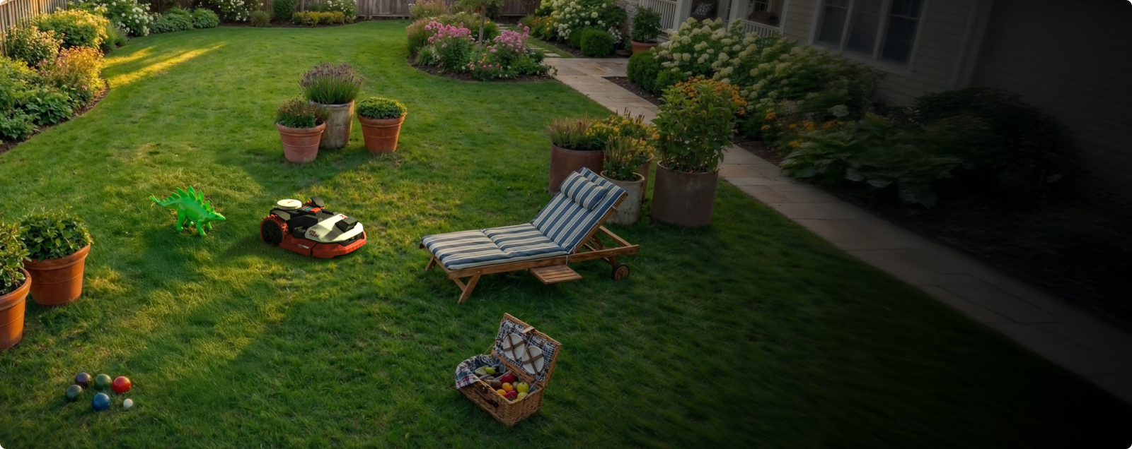 Kress EyePilot robotic mower mowing a family backyard around a sun lounger and garden toys – obstacle avoidance