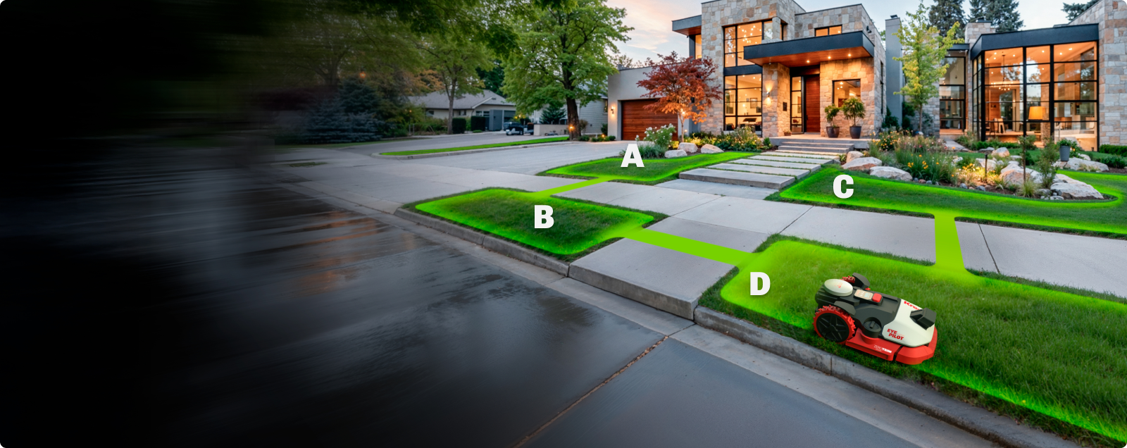 Kress EyePilot robotic mower managing multiple separate lawn zones across a front garden – multi-zone mapping