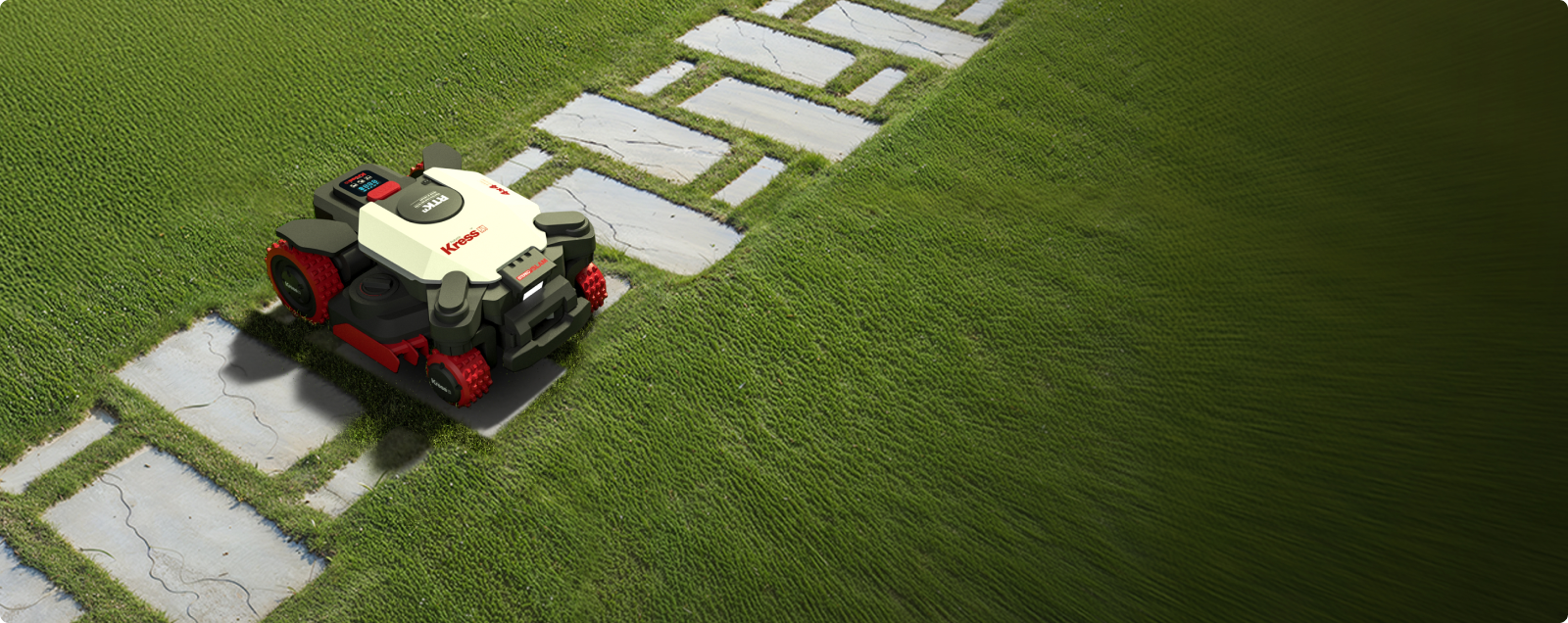 Kress EyePilot 4×4 robotic mower crossing stone pavers on a lawn while navigating paths and edges