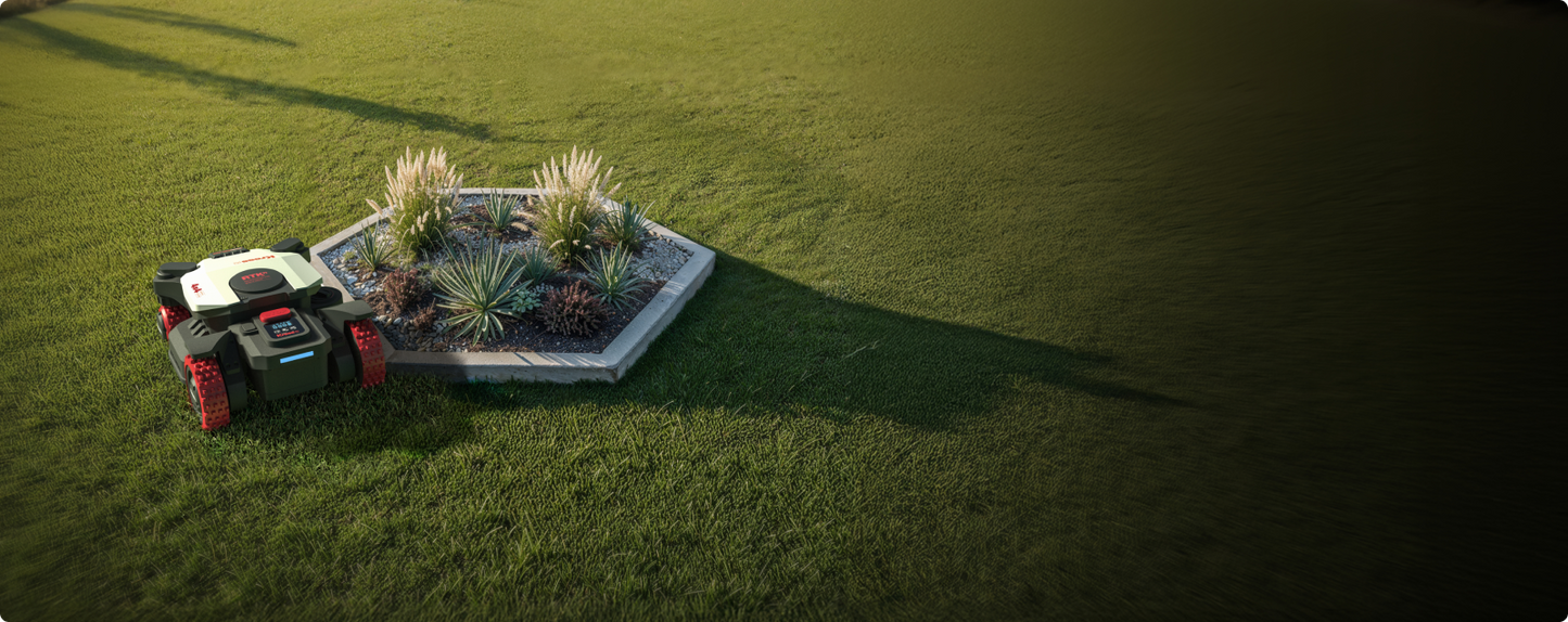 Aerial view of the Kress EyePilot 4×4 robotic mower mowing a residential lawn