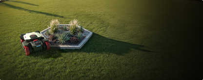 Aerial view of the Kress EyePilot 4×4 robotic mower mowing a residential lawn