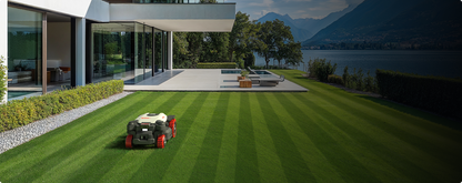 Kress EyePilot 4×4 robotic mower creating professional lawn stripes beside a modern house
