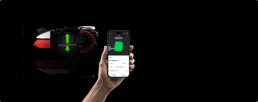 Kress EyePilot robotic mower cutting-height adjustment shown with the smartphone app