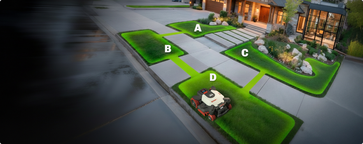 Kress EyePilot 4×4 robotic mower on a lawn in front of a large modern home at dusk