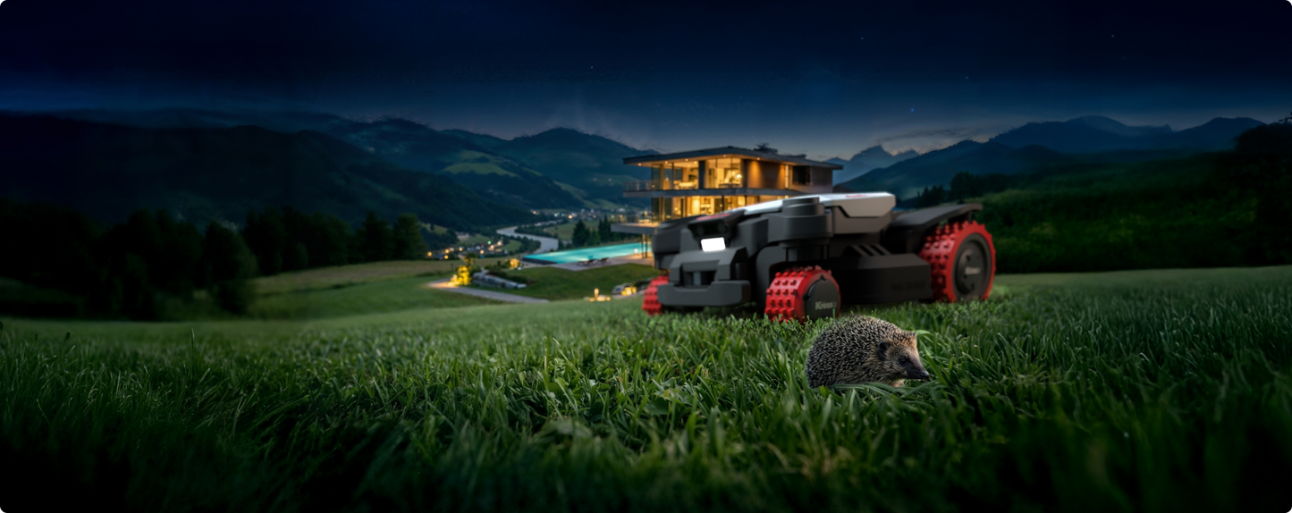 Kress EyePilot 4×4 robotic mower stopping for a hedgehog on the lawn – vision-based obstacle detection for wildlife safety