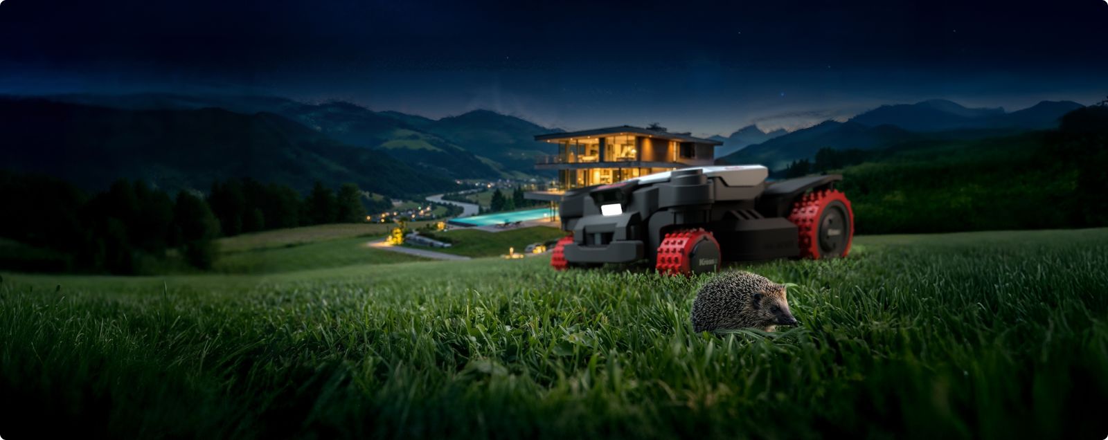 Kress EyePilot 4×4 robotic mower stopping for a hedgehog on the lawn – vision-based obstacle detection for wildlife safety