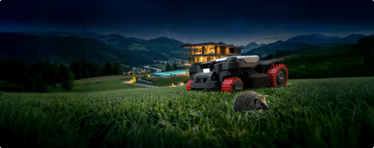 Kress EyePilot 4×4 robotic mower stopping for a hedgehog on the lawn – vision-based obstacle detection for wildlife safety