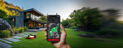 Kress EyePilot robotic mower on a lawn beside a modern home, controlled by the app map on a smartphone