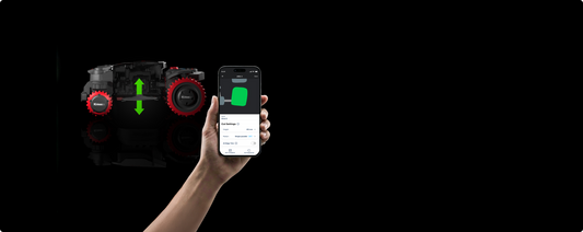 Kress EyePilot 4×4 robotic mower with electric cutting-height adjustment controlled from the smartphone app