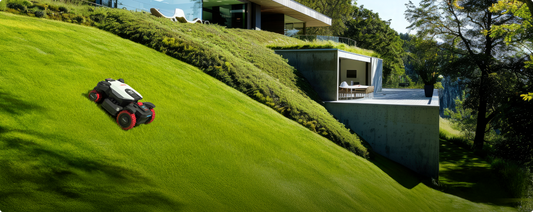 Kress EyePilot 4×4 robotic mower mowing a steep grassy bank beside a modern house – 4×4 slope capability