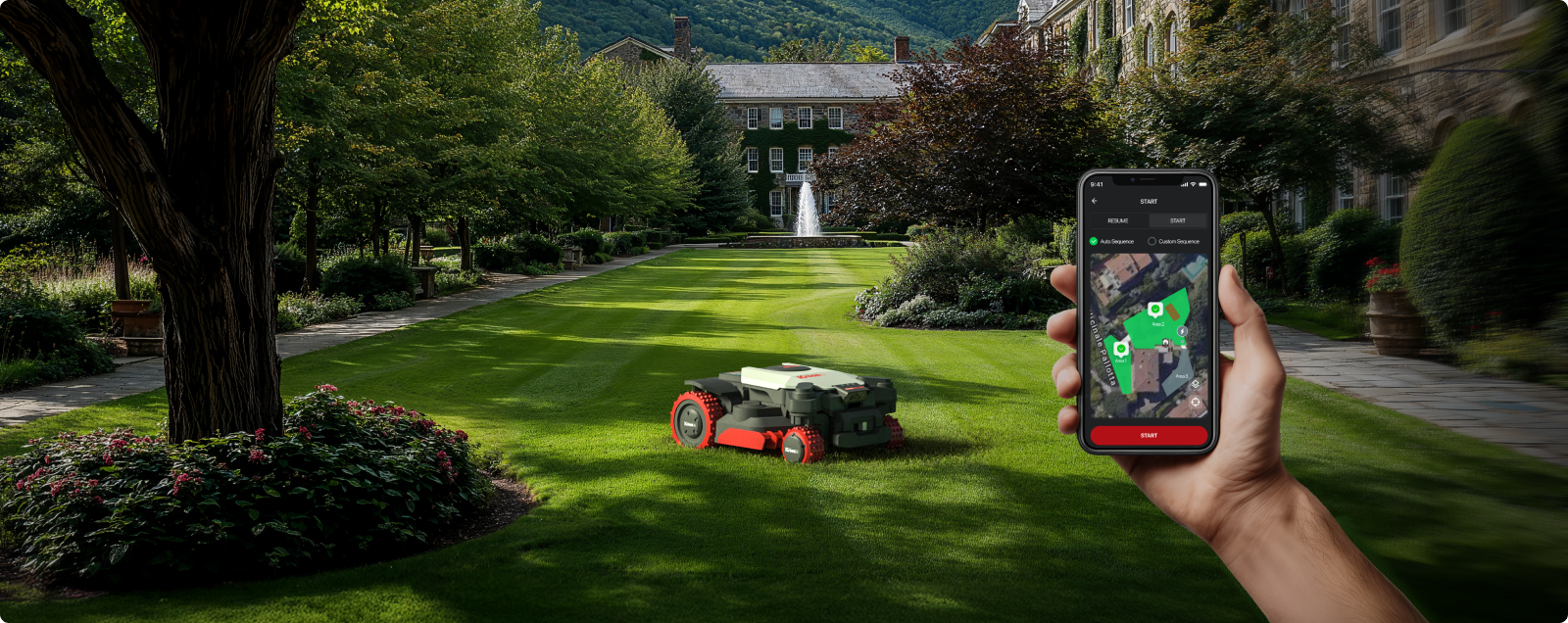 Kress EyePilot 4×4 robotic mower on large estate grounds, controlled by the app map on a smartphone