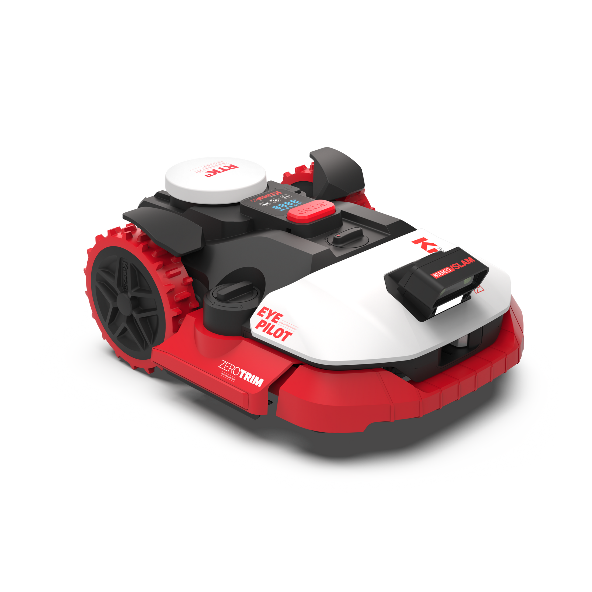 Kress EyePilot RTKn robotic mower – top-front view showing the RTKn nav dome, camera vision module and ZeroTrim deck