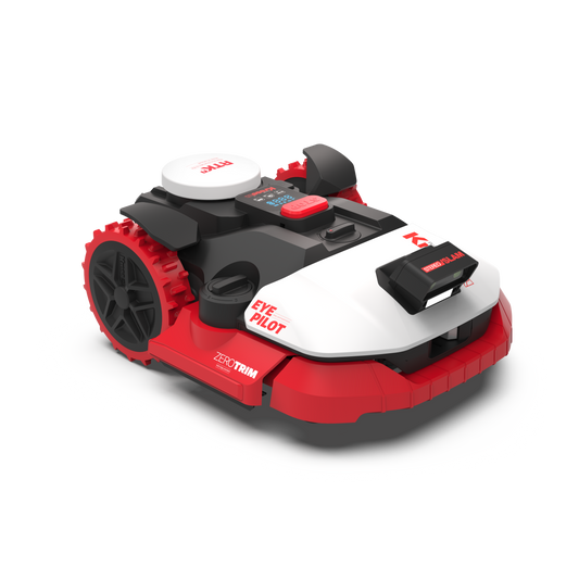 Kress EyePilot RTKn robotic mower – top-front view showing the RTKn nav dome, camera vision module and ZeroTrim deck