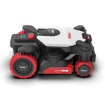 Kress EyePilot 4×4 RTKn robotic mower – side profile showing the RTKn nav dome, ZeroTrim deck and all-terrain drive wheels