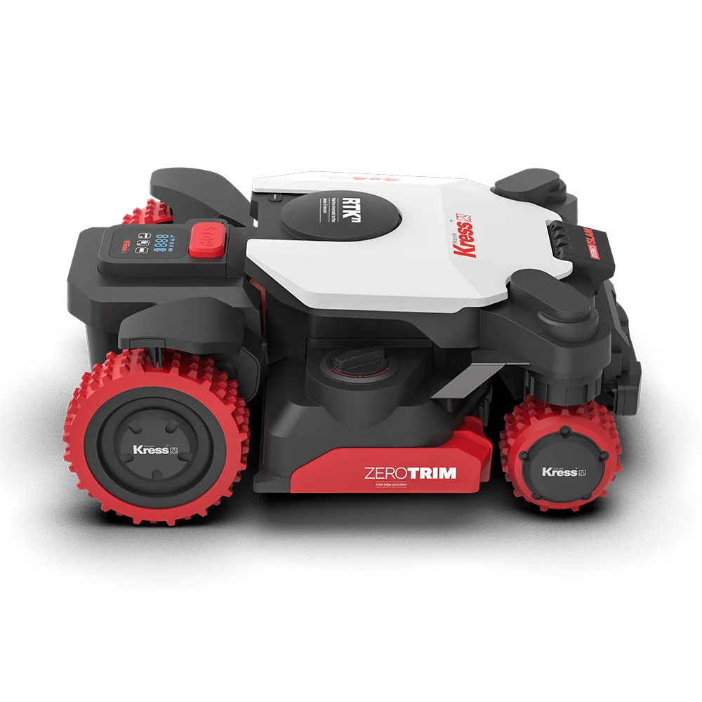 Kress EyePilot 4×4 RTKn robotic mower – side profile showing the RTKn nav dome, ZeroTrim deck and all-terrain drive wheels