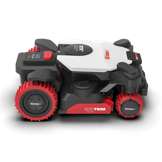 Kress EyePilot 4×4 RTKn robotic mower – side profile showing the RTKn nav dome, ZeroTrim deck and all-terrain drive wheels