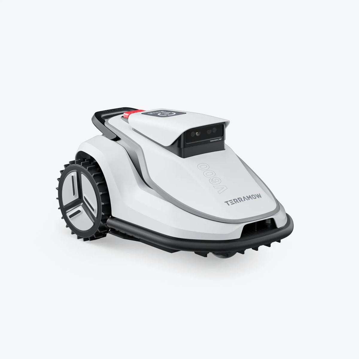 TerraMow V600 triple-camera robot mower, front-right three-quarter view