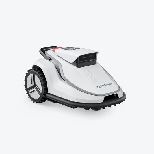 TerraMow V600 triple-camera robot mower, front-right three-quarter view