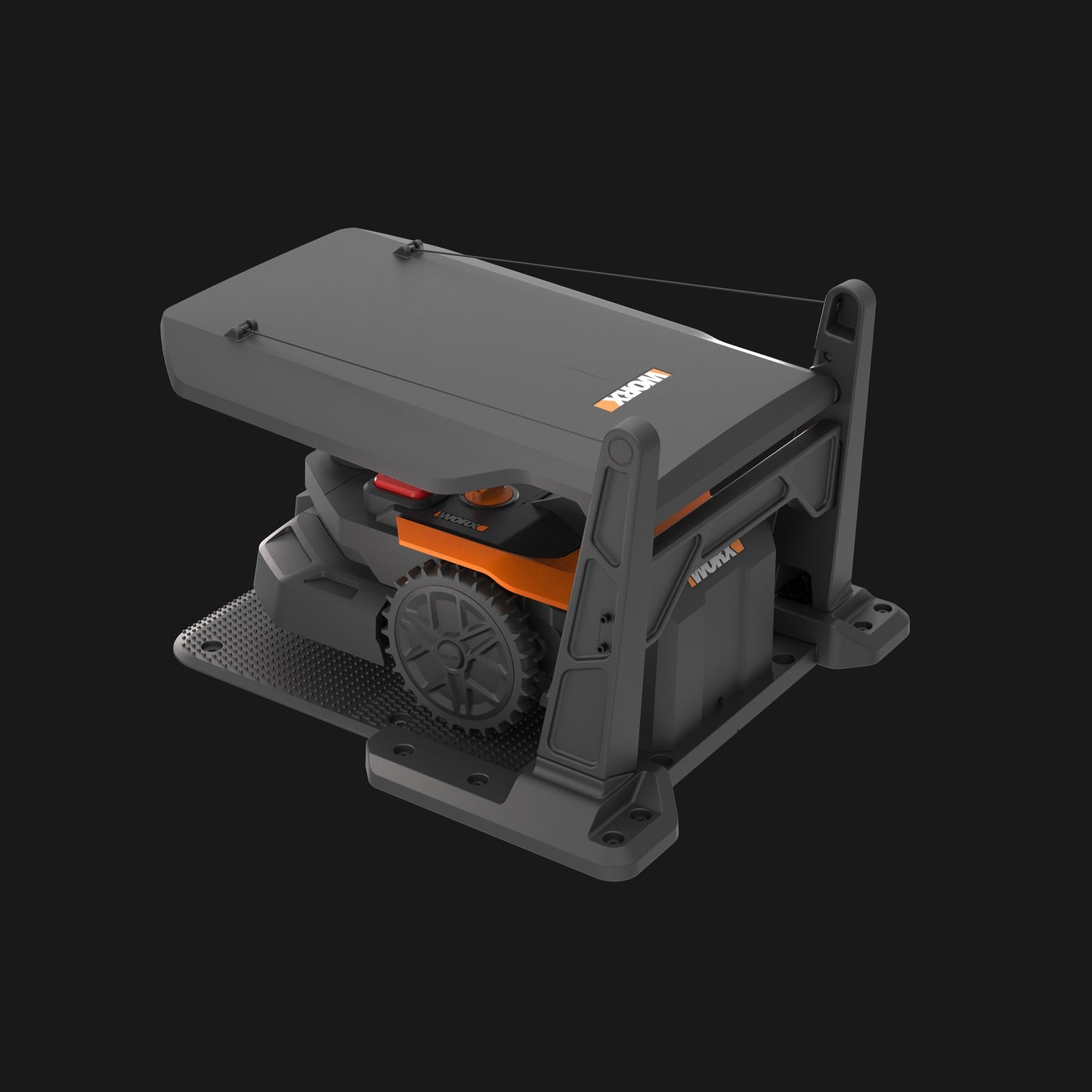 WORX Landroid Vision Cloud Garage WA0828 sheltering a docked robot mower – angled view
