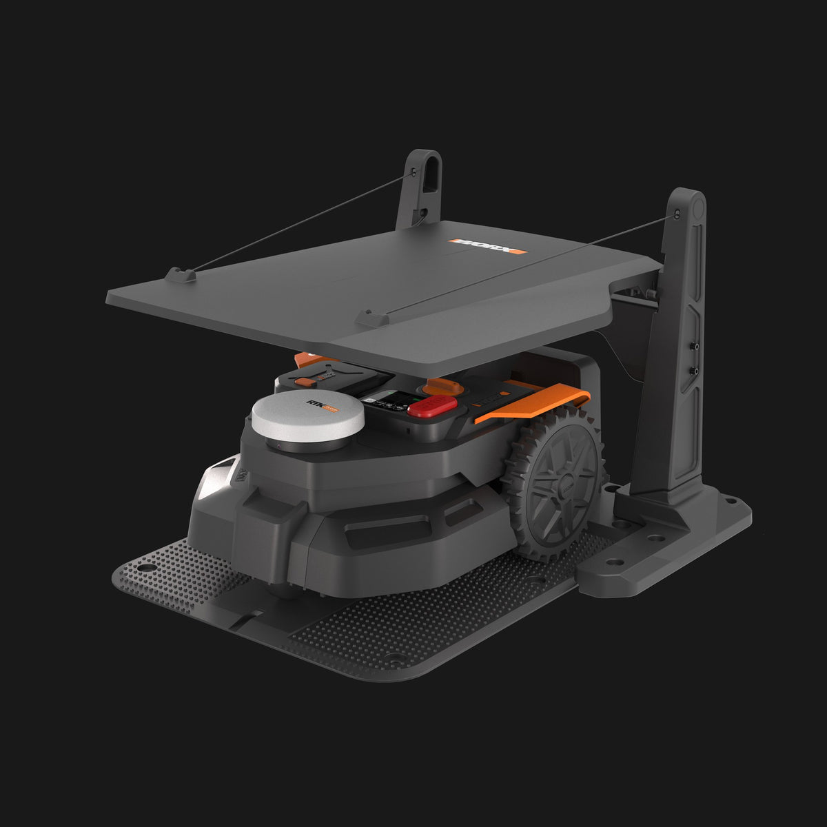 WORX Landroid Vision Cloud Garage WA0828 with robot mower docked – front angle