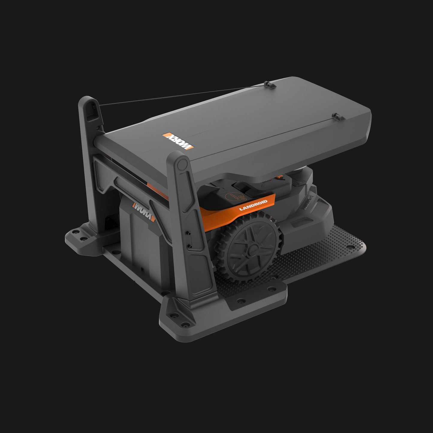 WORX Landroid Vision Cloud Garage WA0828 with robot mower docked – side angle