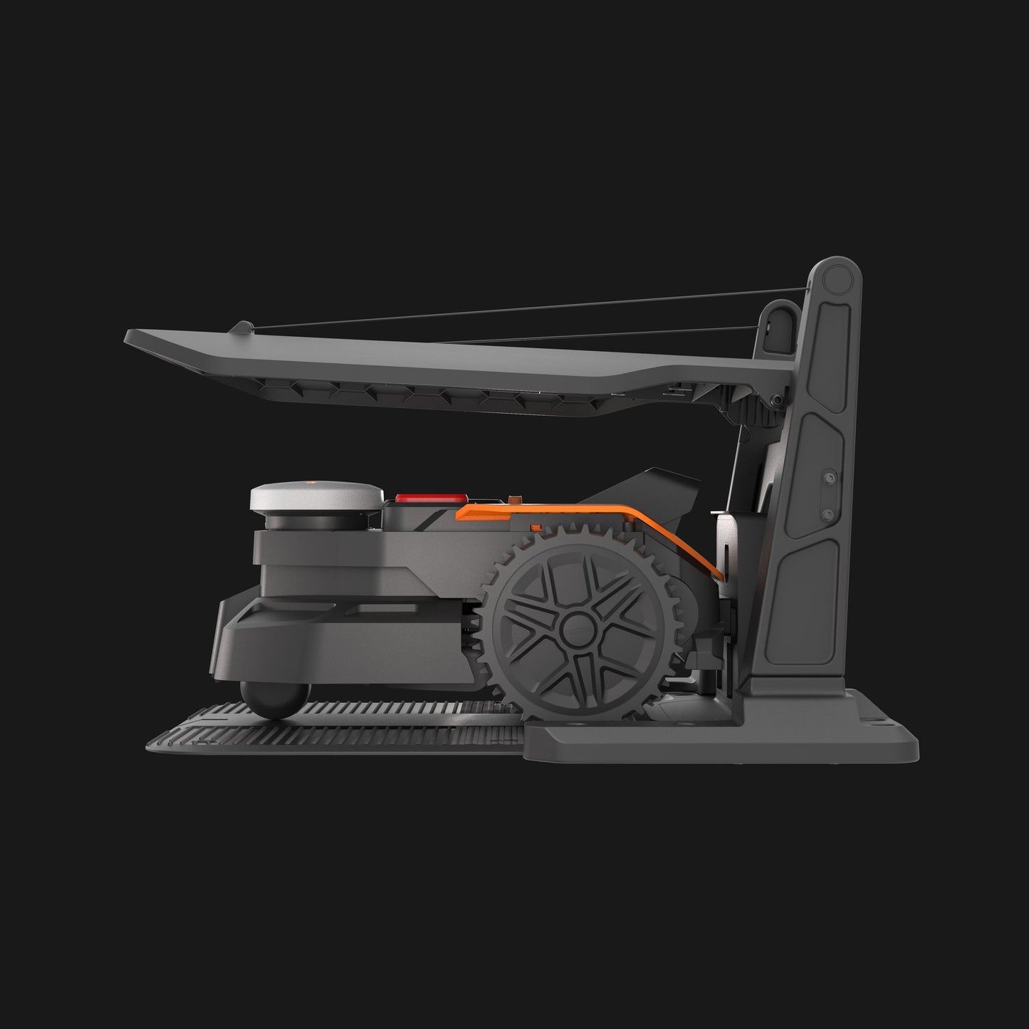WORX Landroid Vision Cloud Garage WA0828 with robot mower docked – rear angle