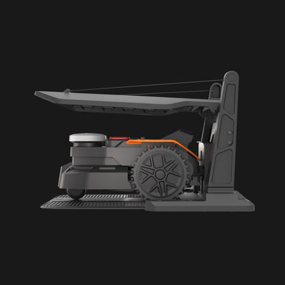 WORX Landroid Vision Cloud Garage WA0828 with robot mower docked – rear angle