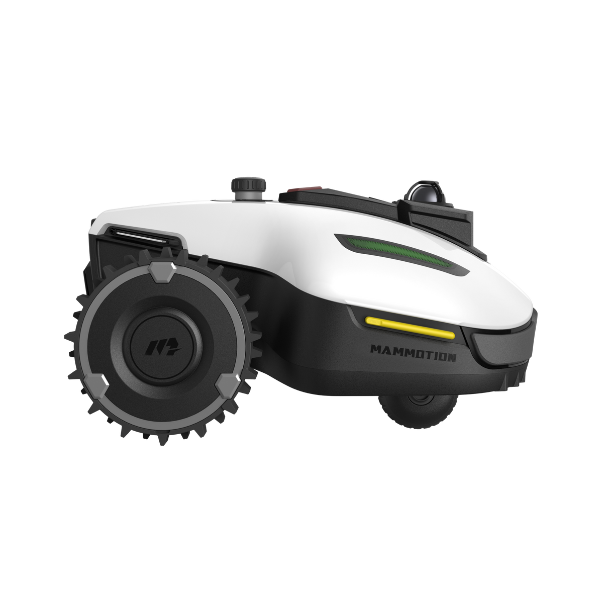 Mammotion YUKA mini 2 1000 side view showing the 200 mm rear drive wheel