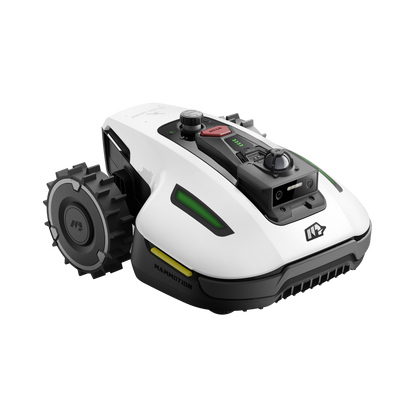 Mammotion YUKA mini 2 1000 robot mower, left three-quarter view showing the 360° LiDAR sensor