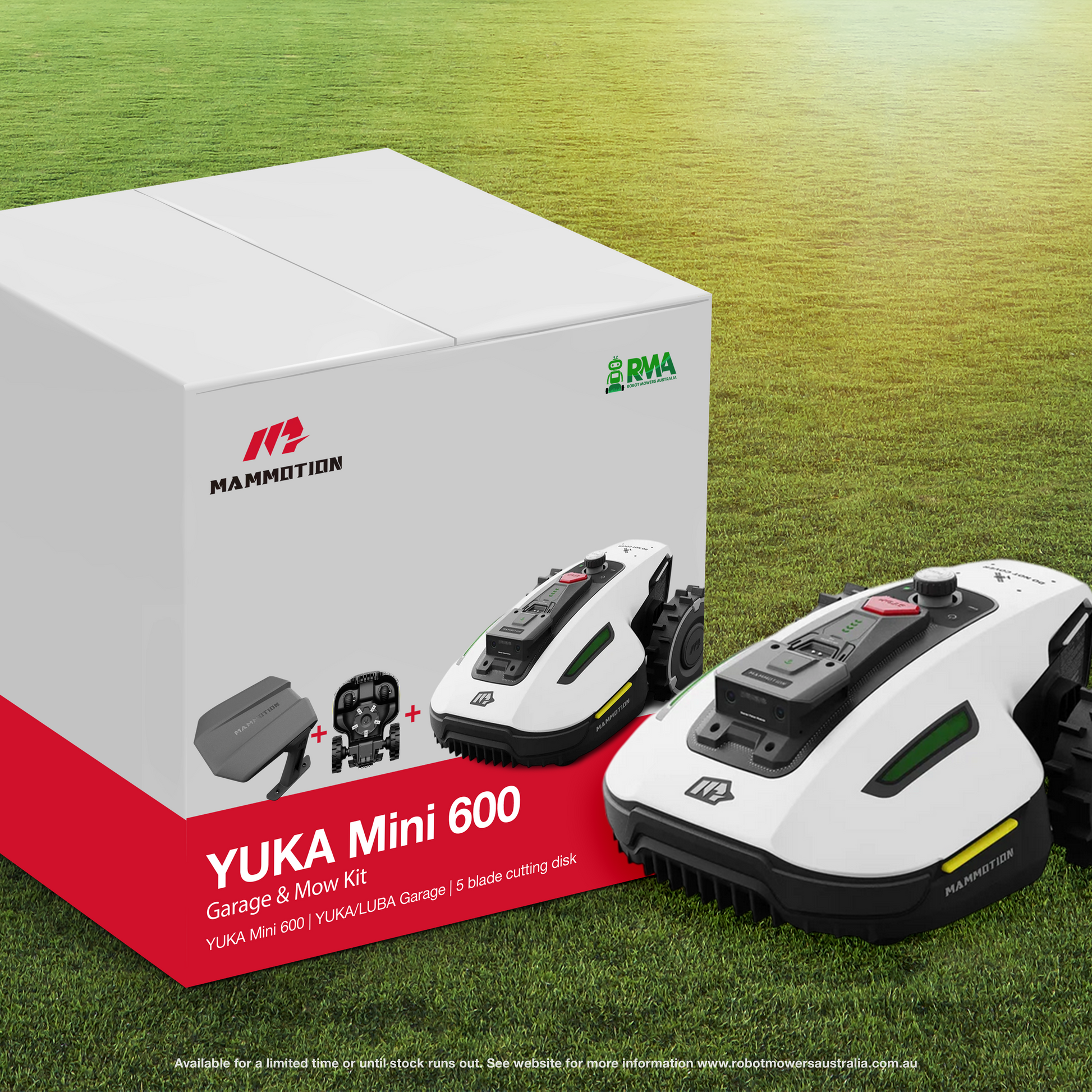 YUKA Mini 600 garage and mow kit with Mammotion YUKA Mini 600 robot lawn mower, YUKA garage and 5 blade cutting disk. Pictured as a box bundle with grass background and lens flare.