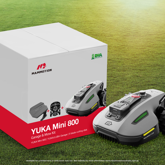 YUKA Mini 800 garage and mow kit with Mammotion YUKA Mini 800 robot lawn mower, YUKA garage and 5 blade cutting disk. Pictured as a box bundle with grass background and lens flare.